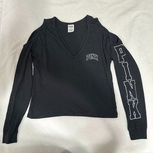 PINK XS Black Long-sleeved Shoulderless V-Neck Tee